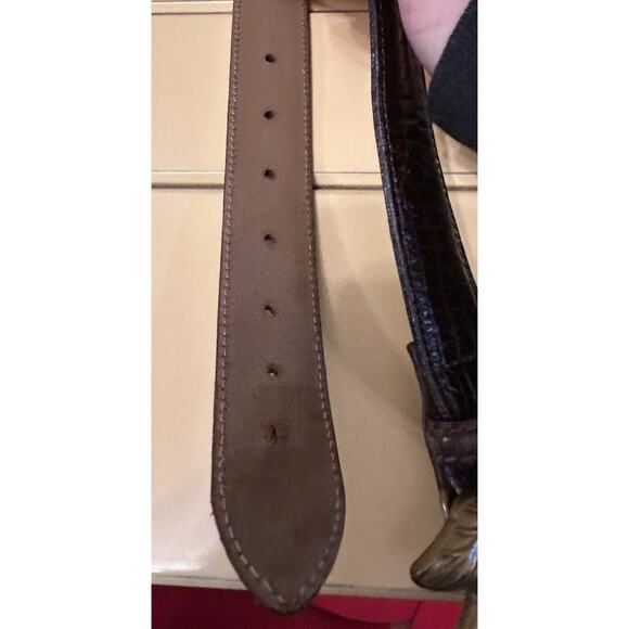 Talbots Sz Medium Belt Brown Italian Croc Embossed Leather Brass Leaf Buckle - Picture 6 of 11